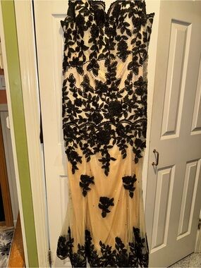Dave & Johnny Black Appliqué on Nude Prom Gown
PETITE